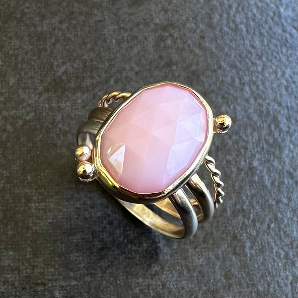 Candy Floss Stacker Ring Set: handcrafted 9k gold & sterling silver with pink opal