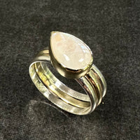 The Arctic Aura: 9k gold, sterling silver & rainbow moonstone ring stacker set