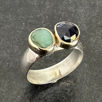 The Emerald Azure:  handcrafted 9ct gold & sterling silver ring with Emerald & Iolite