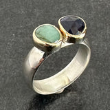 The Emerald Azure:  handcrafted 9ct gold & sterling silver ring with Emerald & Iolite