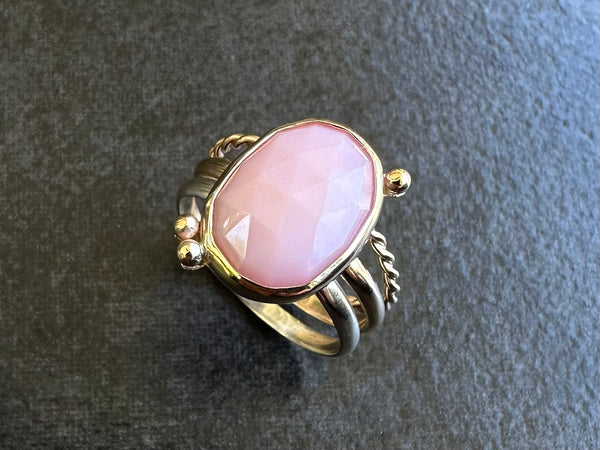 Candy Floss Stacker Ring Set: handcrafted 9k gold & sterling silver with pink opal