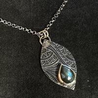 Handmade Etched Sterling Silver with Labradorite on a 24 inch Sterling Silver Belcher Chain