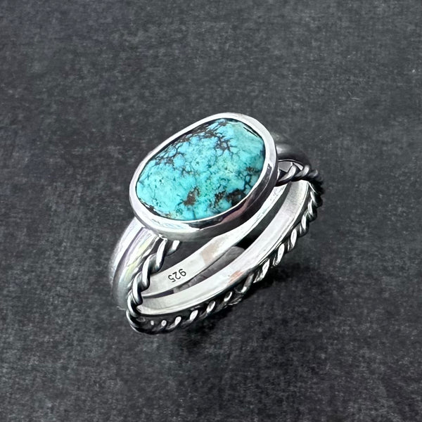 The Mountain Mist Ring II: handcrafted Tibetan Turquoise & Sterling Silver Stacking Statement Rings