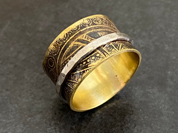 Handmade Etched Brass Spinner Ring with Hammered Sterling Silver