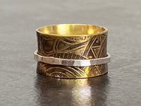 Handmade Etched Brass Spinner Ring with Hammered Sterling Silver