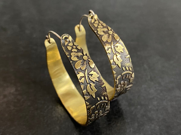 Etched Hoop Earrings | Etched Brass Hoops | Nimala Designs
