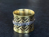 Handmade Etched Brass Spinner Ring with Sterling Silver